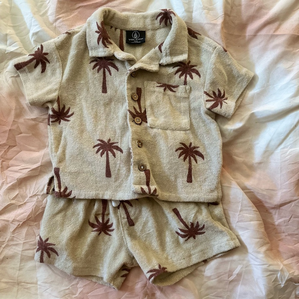 Volcom | Beige Palm Tree Print Shirt and Shorts Set | Size 12 Months Infant Boys